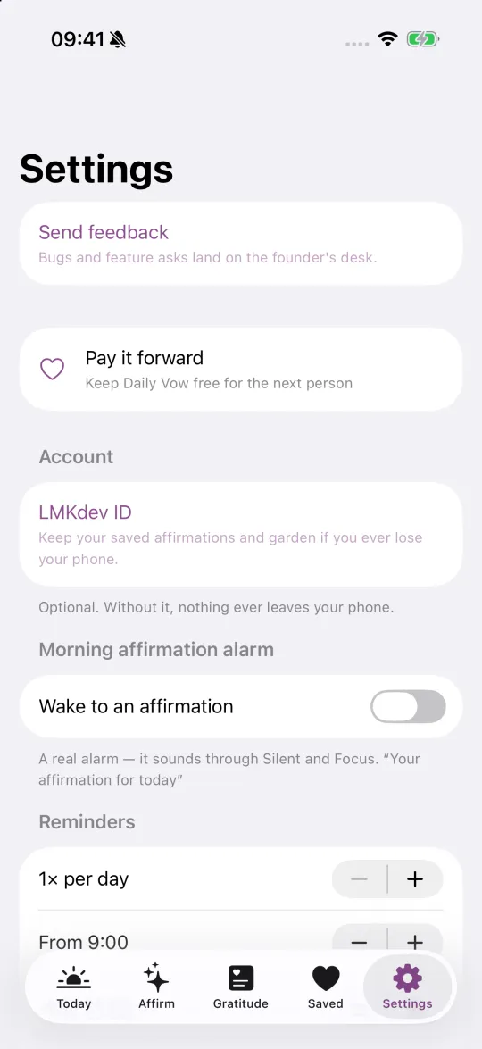 Daily Vow: Pay it forward, LMKdev ID, a morning alarm