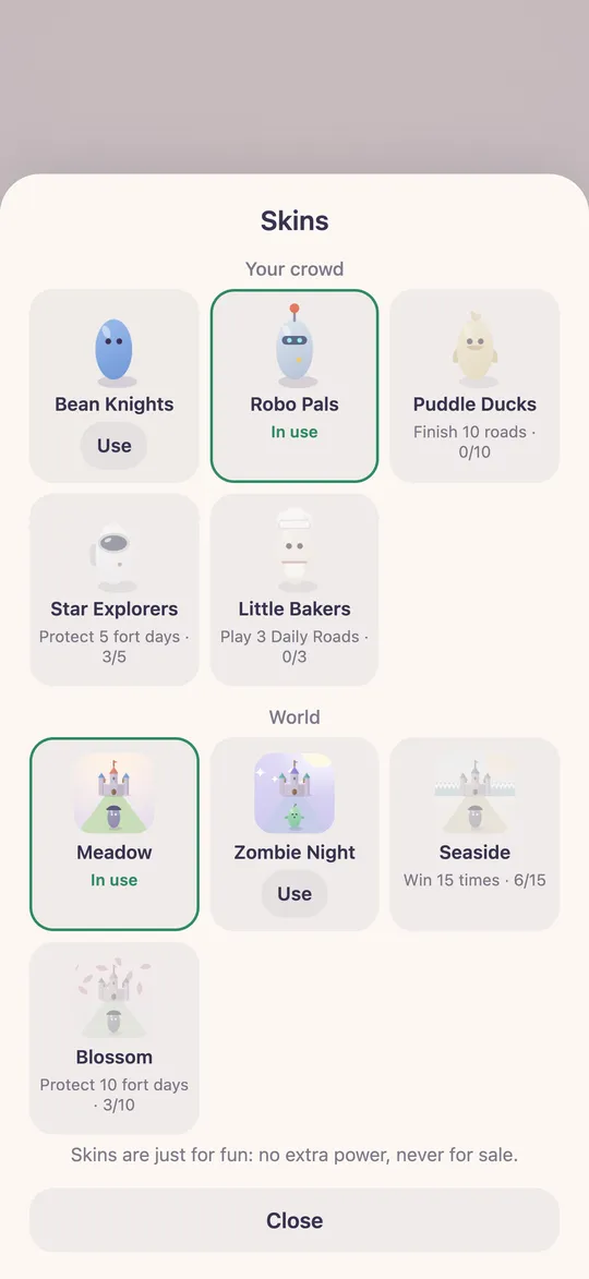 Skins: fun looks and worlds that unlock as you play