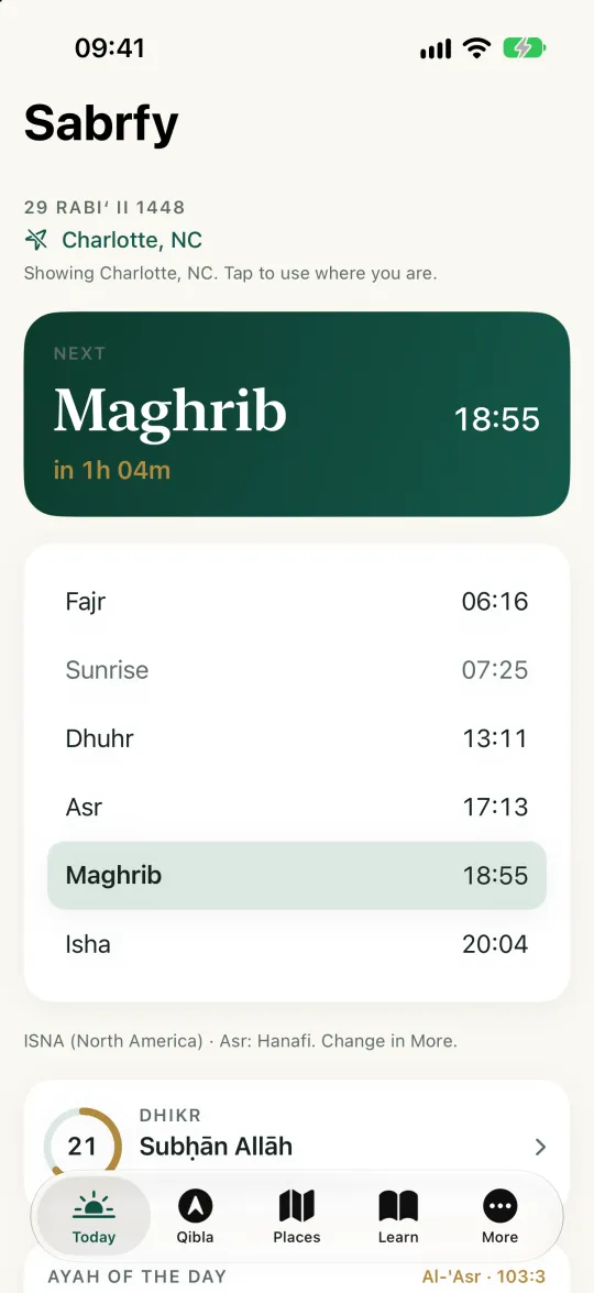 Sabrfy: Today: the next prayer, counting down