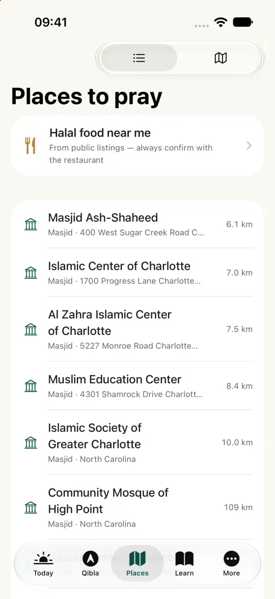 Sabrfy: Masjids and halal food near you
