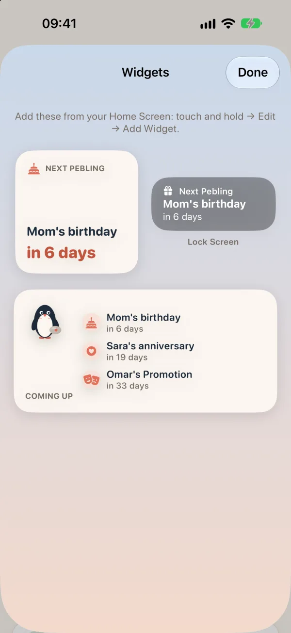 Pebling widgets